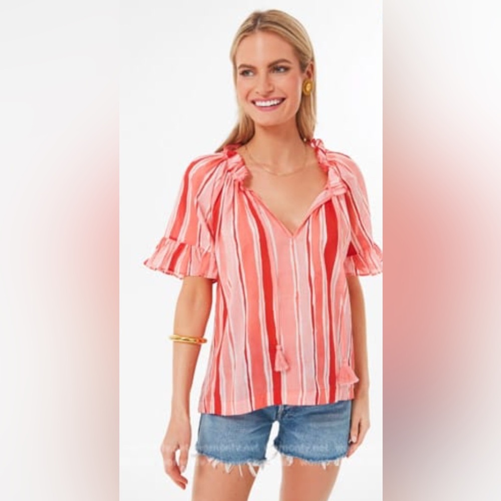 Tuckernuck Coral and White Striped V-Neck Ruffle Sleeve Top